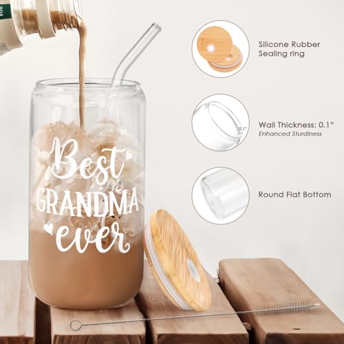 Grandma 16 Oz Can Glass Tumbler with Bamboo Lid and Straw