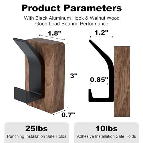 4 PCS Black Walnut Wood Wall Hooks Adhesive Mounted & Wall Mounted Rustic Decorative Entryway Hooks Mid Century Modern Natural Wooden Pegs for Hanging Coat Clothes Hat Bag Purse and Towel (4 Count)