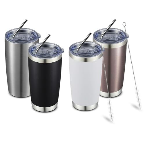 20oz Tumbler with Straw Stainless Steel Insulated Coffee Tumbler Cups Double Wall Vacuum Travel Coffee Mug with Splash Proof Sliding Lid for Hot Cold Drinks (4 Count)