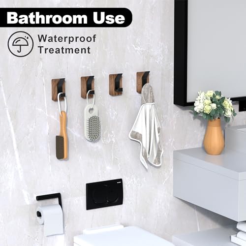 4 PCS Black Walnut Wood Wall Hooks Adhesive Mounted & Wall Mounted Rustic Decorative Entryway Hooks Mid Century Modern Natural Wooden Pegs for Hanging Coat Clothes Hat Bag Purse and Towel (4 Count)