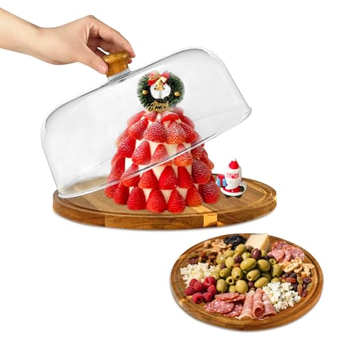 Wood-Cake-Stand With Acrylic Lid, Round Acacia Cake Holder With Cover, 2-in-1 Cake Plate with Dome, Dessert Table Display Set For Party, Charcuterie Board For Cheese, Chips & Dips, Nachos, Fruit Platter