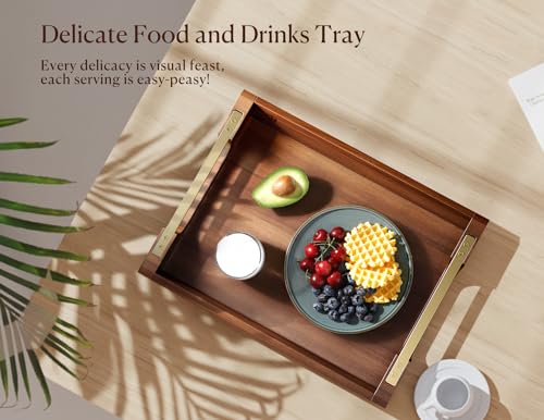 Acacia Wood Serving Tray with Metal Handles
