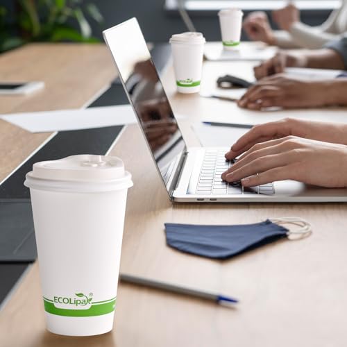 100 Count 16 oz Compostable Paper Coffee Cups with CPLA Lid