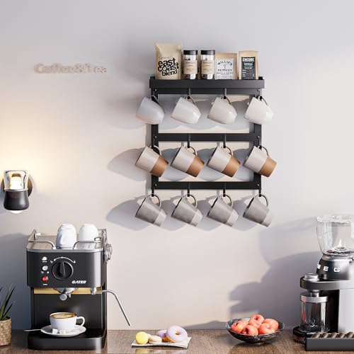 Coffee Mug Rack Wall Mounted with 12 Hooks and Shelf Cup Storage Holder