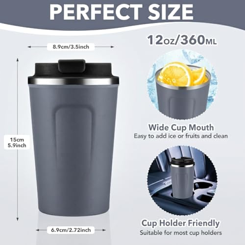 12 oz Double Wall Insulated Vacuum Travel Coffee Mug with Flip Lid Bulk 4 Pack (4 Count)