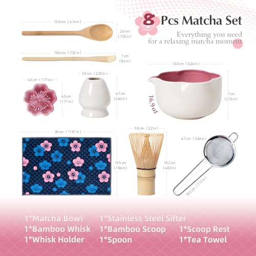 Matcha Set 8Pcs Floral Ceramic Matcha Kit with Matcha Whisk