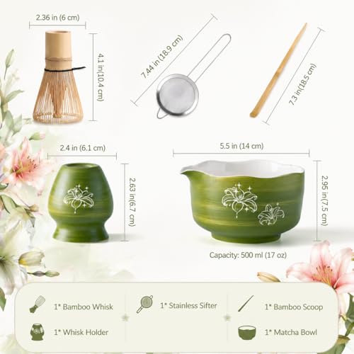 Matcha Set Avocado Green Ceramic Bowl Kit with Spout (5 Count)