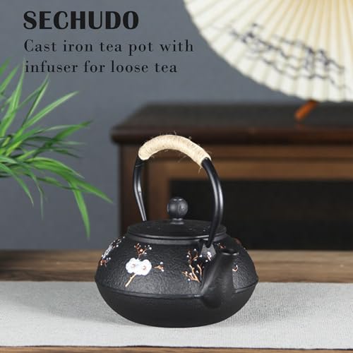 Cast Iron Teapot SECHUDO Teapot for Stovetop Safe Coated with Enameled Interior