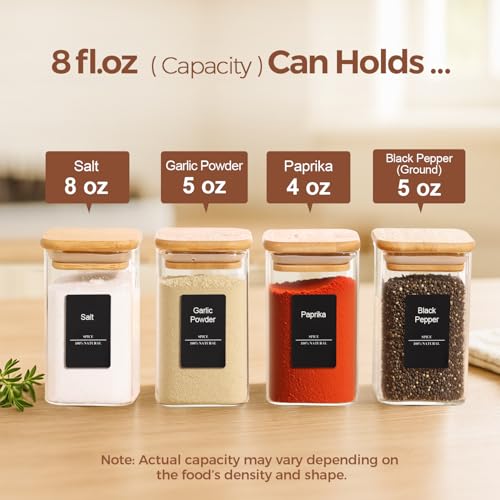 Square Glass Spice Jars with Labels 8 oz 16 Pack with Bamboo Lids (16 Count)