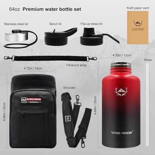 64 oz Insulated Water Bottle with Carrier Bag & 3 Lids