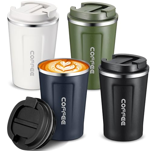 4 Pcs 13 oz Travel Coffee Mug Insulated Reusable Coffee Cups with Leakproof Lid Stainless Steel Portable Tumbler for Keep Hot or Ice Milk Tea (4 Count)
