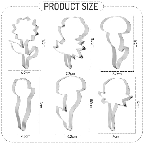 6Pcs Flower Cookie Cutters Biscuit Cutter Spring Tulip Peony Sunflower Rose Floral Stem Stainless Steel Cookie Cutting Molds for Mother' s Day Home DIY Baking Supplies (6 Count)