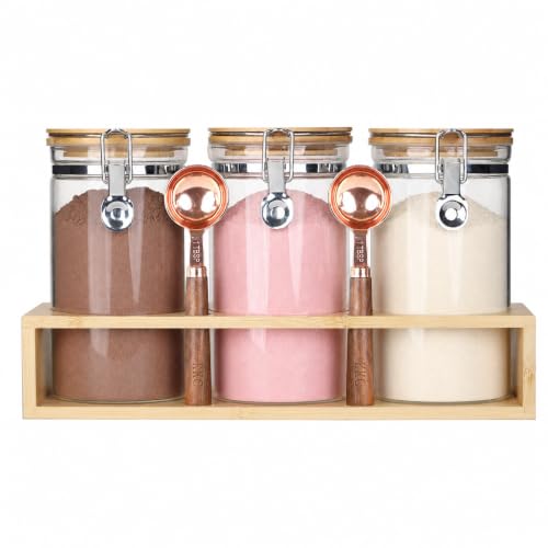 Glass Protein Powder Jars Set with Spoons & Rack (3 Count)