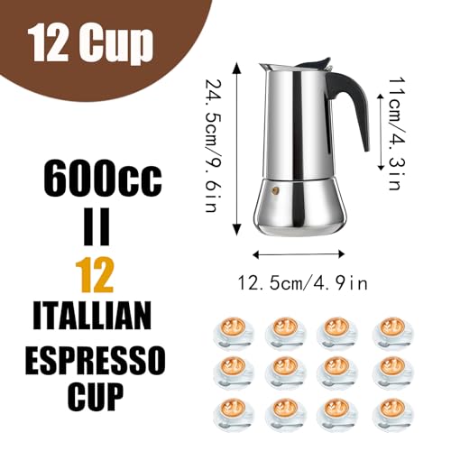 12 Cup Stovetop Espresso Maker Stainless Steel Moka Pot Stove Top Percolator Italian Coffee Makers Capable Mocha Greca Machine Cafe Classic Induction Cookers for Home and Camping 600ml 20oz (12 Count)