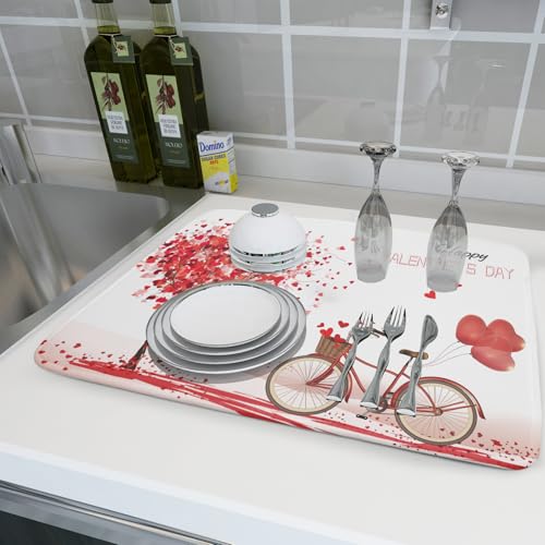 Romantic Valentine's Day Dish Drying Mat for Kitchen Valentines Bike and Tree Dish Drying Pad 18x24 Absorbent Reversible Happy Valentine Dishes Drainer Pad Holiday Dish Drying Rack Mat for Countertop