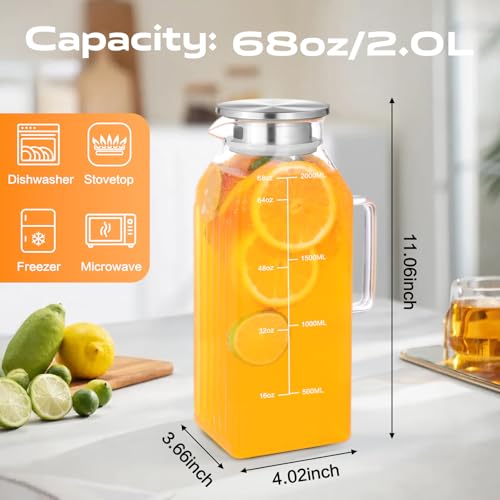 68oz Glass Pitcher with Lid and Handle for Fridge