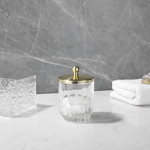 Clear Transparent Apothecary Vertical Wavy Glass Jar With Gold Metal Lid Cover for Bathroom Organization