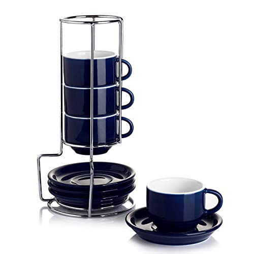 4 Ounce Porcelain Stackable Espresso Cups with Saucers and Metal Stand Set of 4 (4 Count)