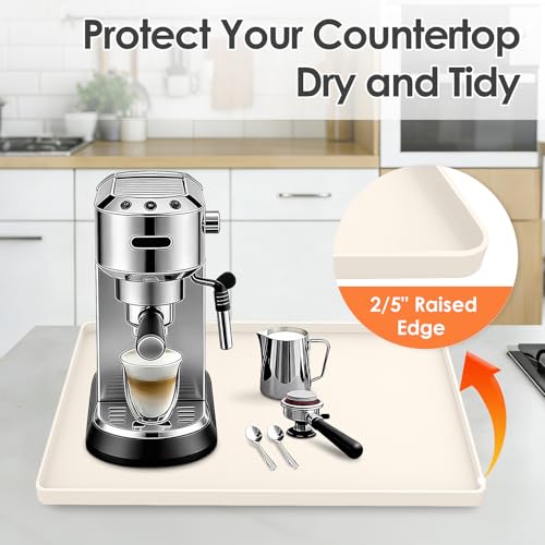 Silicone Coffee Maker Mat with Lip for Countertops 15.7''x11.8''Cream White
