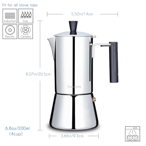 Pedro Stovetop Espresso Maker 4Cup 200ml Stainless Steel Italian Coffee Machine Maker Moka Pot Induction Espresso Pot (4 Count)