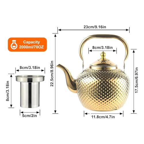 2000ml Teapot with Infuser Stainless Steel Lifting Handle Tea Maker Gold
