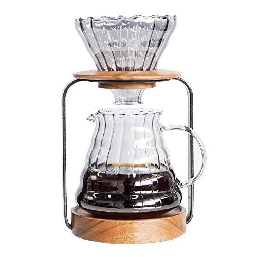 Pour Over Coffee Station Dripper Stand Coffee Filter Wooden Filter Holder Glass Server with Paper Coffee Filters