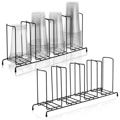 2 Pcs 4 Section Coffee Cup Organizers 18.7 x 8.5 x 5 Inch Wire Rack Coffee Cup and Lid Holder Black Iron Lid Dispenser Countertops Station Organizer for Kitchen Storage Essentials (2 Count)