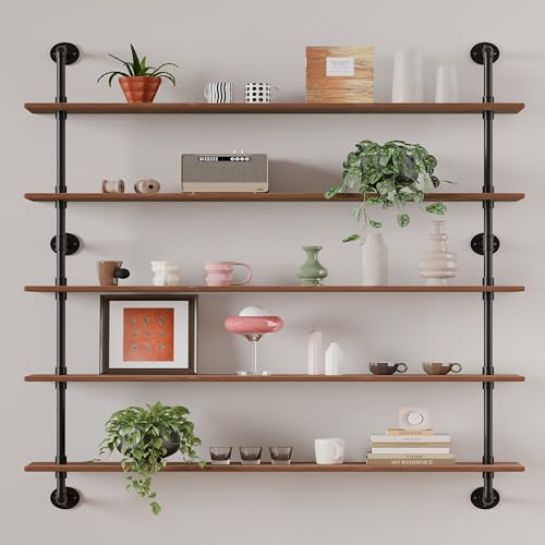 Floating Shelves for Wall Bookshelf Industrial Pipe Shelving Shelves 48 Inch 5 Tier Natural Wood Planks Rustic Wall Shelves Hanging Bookshelves Farmhouse Kitchen Shelving (5 Count)