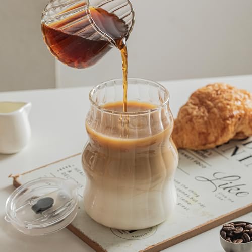 Ribbed Glass Cups with Lids and Straws