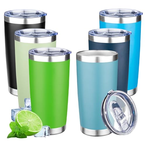 20oz Tumbler with Lid Double Wall Vacuum Insulated Travel Coffee Mug Stainless Steel Thermal Cup Powder Coated Sturdy Coffee Tumbler Bulk for Hot and Cold Beverages (6 Count)