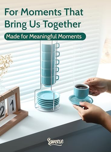 2.5 Ounce Porcelain Stackable Espresso Cups with Saucers and Metal Stand Set of 4