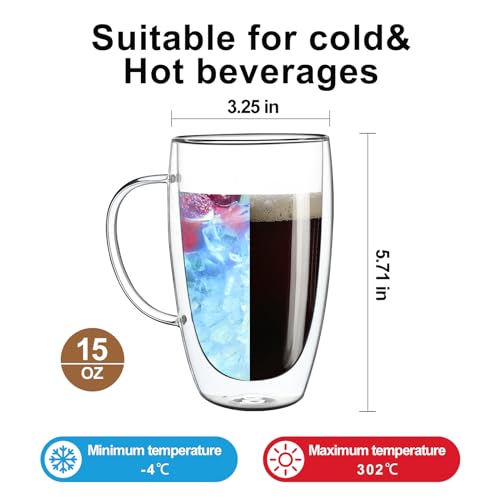 2 Pack Double Walled Glass Coffee Mugs with Handles (2 Count)