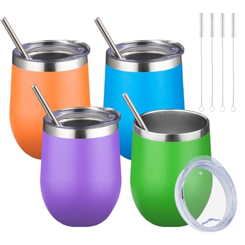 12oz 4 Pack Wine Tumbler Glasses with Lid Stemless Double Wall Vacuum Stainless Steel Travel Tumbler Keeping Cold & Hot for Wine (4 Count)
