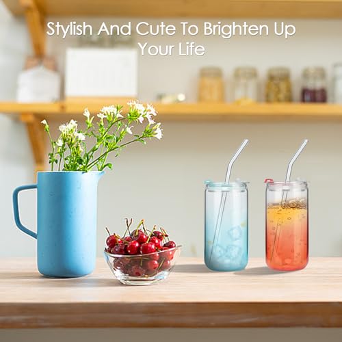 6pcs Glass Cups with Lids And Straws