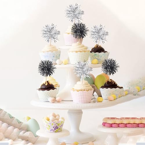 40 PCS Foil Firework Cupcake Toppers Sparkle Tinsel Cupcakae Picks Foil Firework Party Decorations Cocktail Fruit Toothpick for Fireworks Theme Birthday Wedding Graduation Party Decor Black Silver (40 Count)
