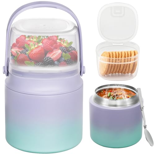 2 - in - 1 Soup Thermo for Hot Food 14oz with Snack Box Container Leak Proof Insulated Lunch Container Kids and Adults Stainless Steel Double Wall Vacuum Wide-mouth Thermal with Spoon and Handle