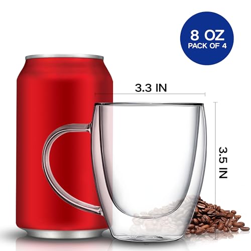 Set of 4 Double Walled Glass Coffee Mugs 8 Ounces Insulated Layer Coffee Cups with Handle Borosilicate Glass Espresso Cup for Hot Beverage (4 Count)