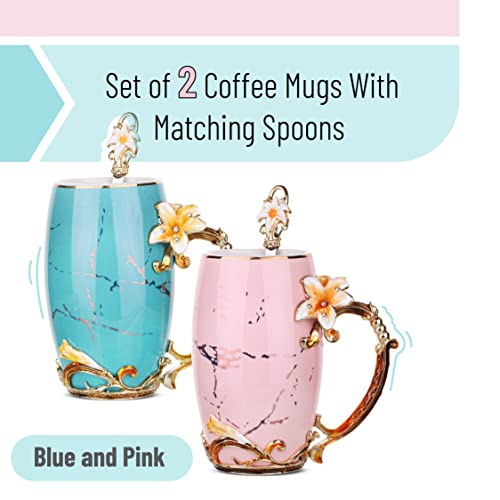 BTaT Floral Ceramic Mugs with Spoon (2 Count)