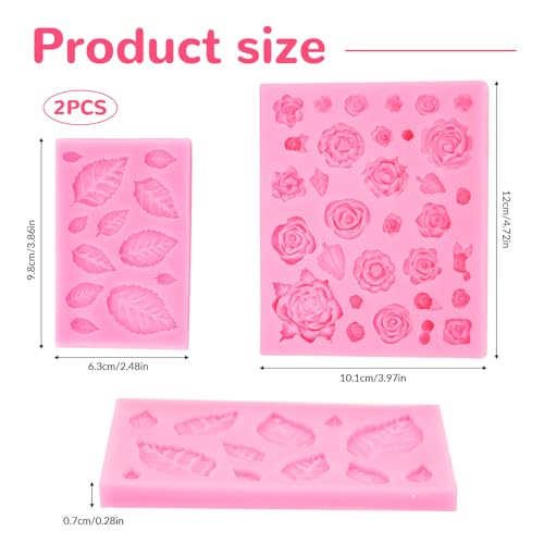 2 Pcs Rose Flowers and Leaves Chocolate Fondant Candy Silicone Molds for Cupcake Toppers