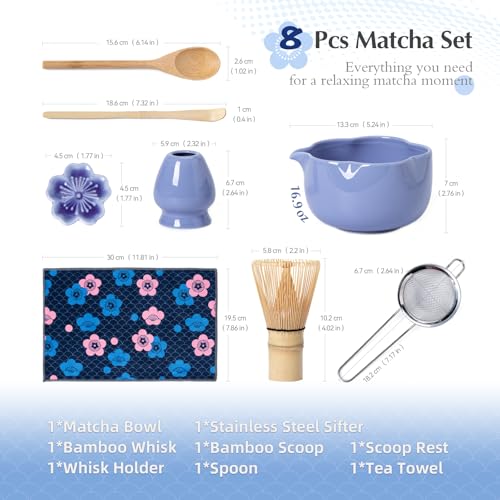 Matcha Set 8Pcs Floral Ceramic Matcha Kit with Matcha Whisk