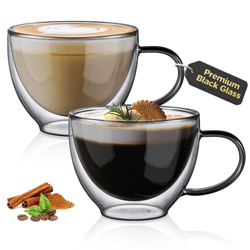 Black Double Walled Glass Coffee Mug 12 oz Cappuccino Cups Set of 2 (2 Count)
