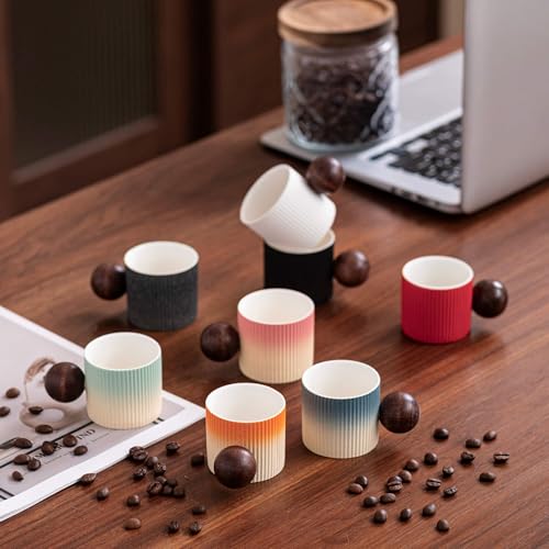 Ceramic Mini Espresso Cups Demitasse Cups with Round Wooden Handle Vertical Stripes Tea Cups (2 Count)