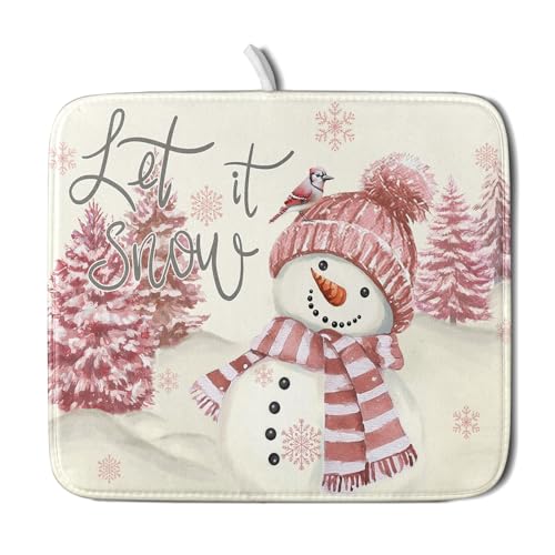 Pink Snowman Dish Drying Mat Xmas Trees Bird Winter Snowy Scene Dish Drainer Mats 16"x18" Microfiber Reversible Dish Drying Rack Pad Protector for Kitchen Countertop Decor