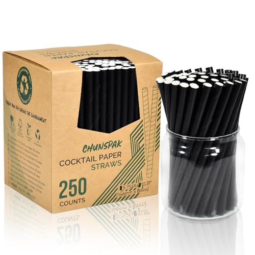 5.75 inch 8mm Wide Short Black Paper Drinking Straws Disposable for Lowball Glasses (250 Count)