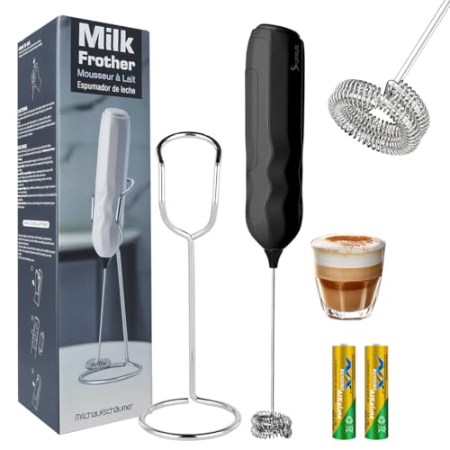 Ultra Fast Handheld Milk Frother Double Whisk with Stand 2 Batteries Stainless Steel for Lattes Cappuccino Matcha Hot Chocolate Coffee Bar Accessories Kitchen Gadgets Gift