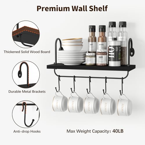 Floating Wall Shelves for Kitchen Bathroom Coffee Nook with 10 Adjustable Hooks for Mugs Cooking Utensils or Towel Rustic Storage Shelves Set of 2 (2 Count)