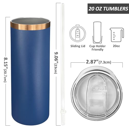 20 oz Skinny Tumblers Bulk with Lids and Straws Navy (8 Count)