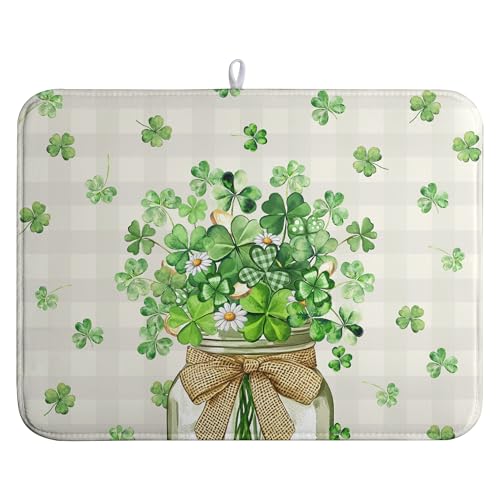 St Patricks Day Shamrock Dish Drying Mat Green Spring Kitchen Dishes Drying Pad Absorbent Dish Dryer Mats for Kitchen Countertops Microfiber Washable Large18x24 in