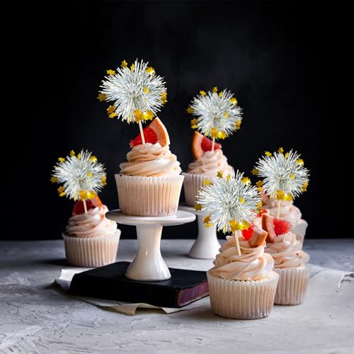 30Pcs Foil Firework Cupcake Toppers Sparkle Tinsel Cupcake Picks Happy Birthday Cake Decorations Drink Stirrers Cocktail Food Fruit Toothpicks for Baby Shower Graduation Party Supplies Silver (30 Count)