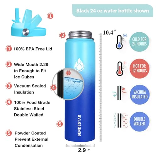 Stainless Steel Wide Mouth Water Bottle 24oz Double Wall Vacuum Insulated Leak Proof Bottle with New Flex Straw Lid & Spout Lid